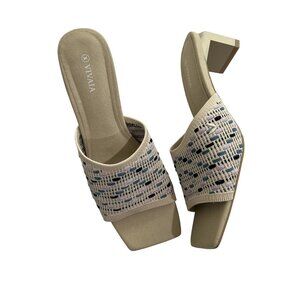 Viavia Juliet Pro Square Toe Block Heel Sandals in Cream Blue Purple